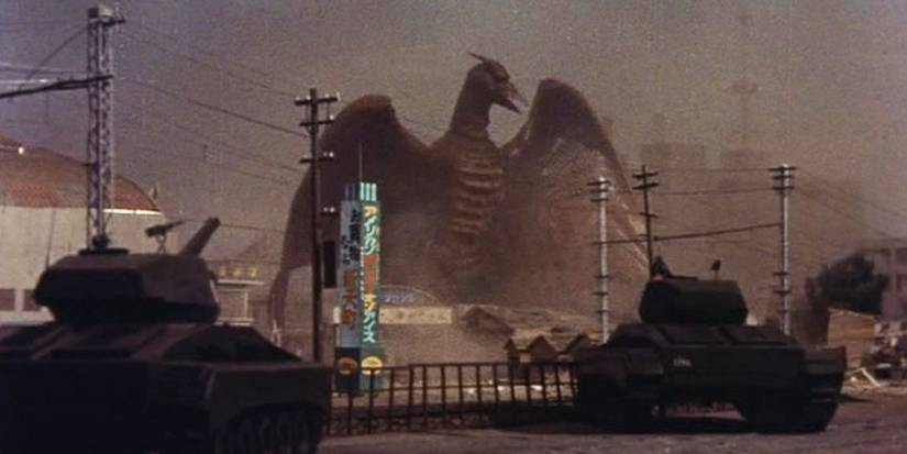 Japanese tanks aim at Rodan in the 1956 Rodan movie
