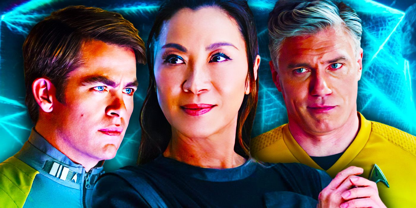 Chris Pine as Captain Kirk, Michelle Yeoh as Emperor Georgiou, and Anson Mount as Captain Pike in Star Trek hero poses