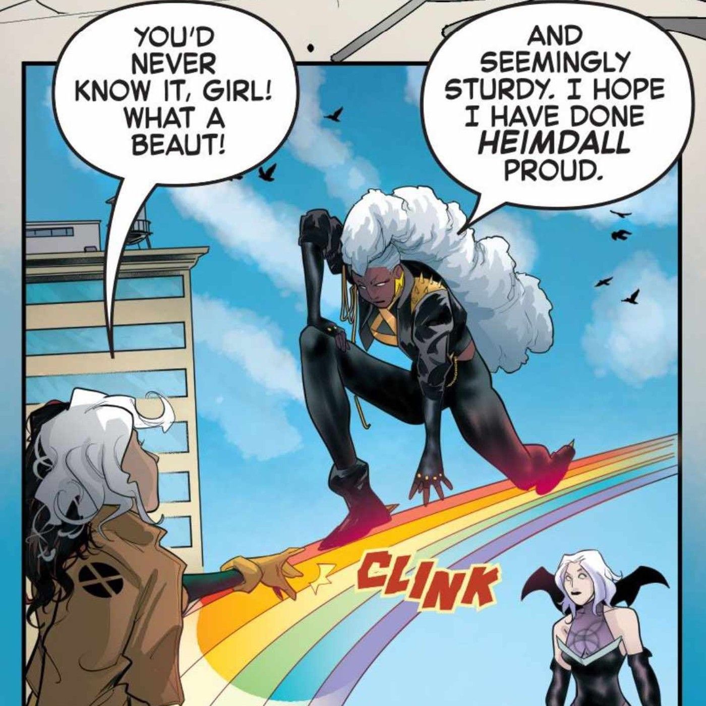 Rogue e Clea Strange ficam surpresos em Storm on the Bifrost