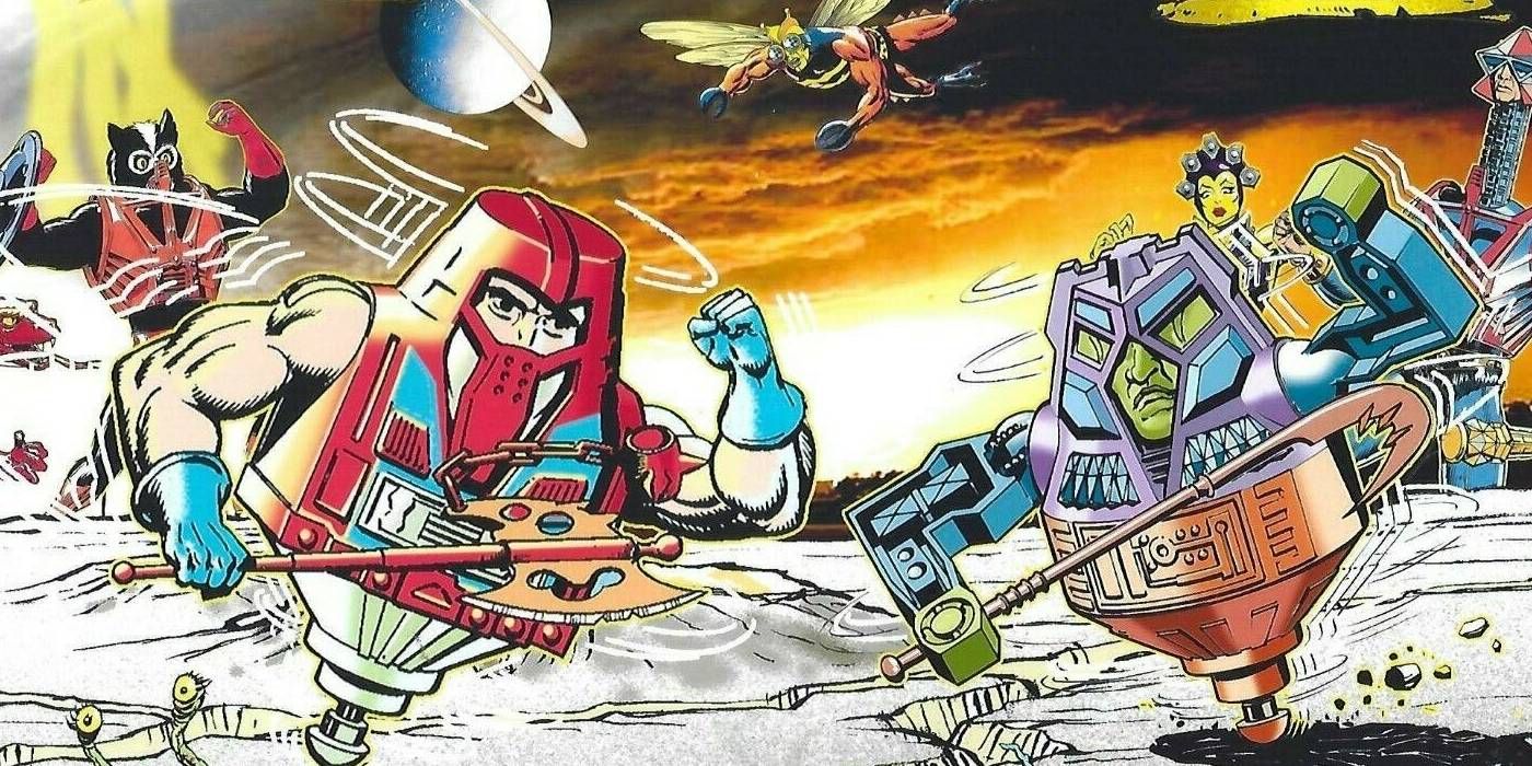 Arte da caixa de brinquedos Rotar e Twistoid He-Man