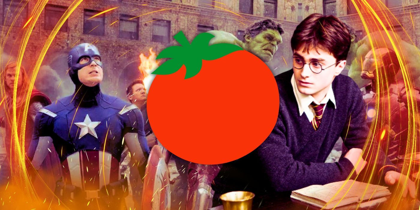An image of the Avengers team and a shot of Harry Potter with a Rotten Tomatoes tomato in front