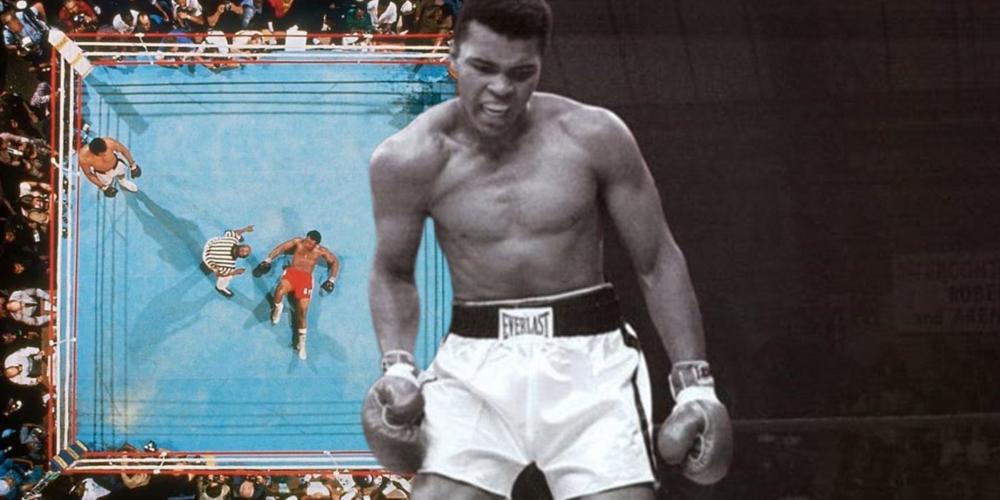 A collage image of a birds-eye view of the ring in the 1974 Rumbe in the Jungle Boxing match, alongside the iconic photo fo Mohammed Ali standing of George Foreman