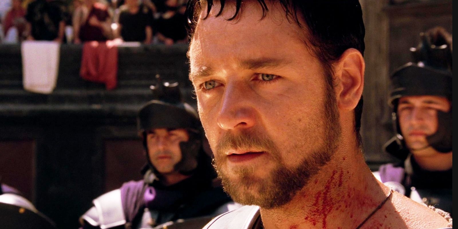 Russell Crowe looking surprised as Maximus in Gladiator