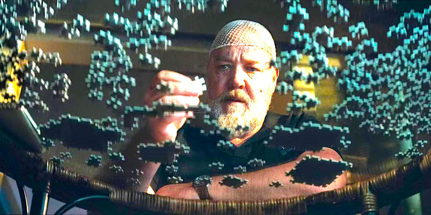 Russell Crowe gazes with disturbed fascination at a jigsaw puzzle piece in a scene from Sleeping Dogs