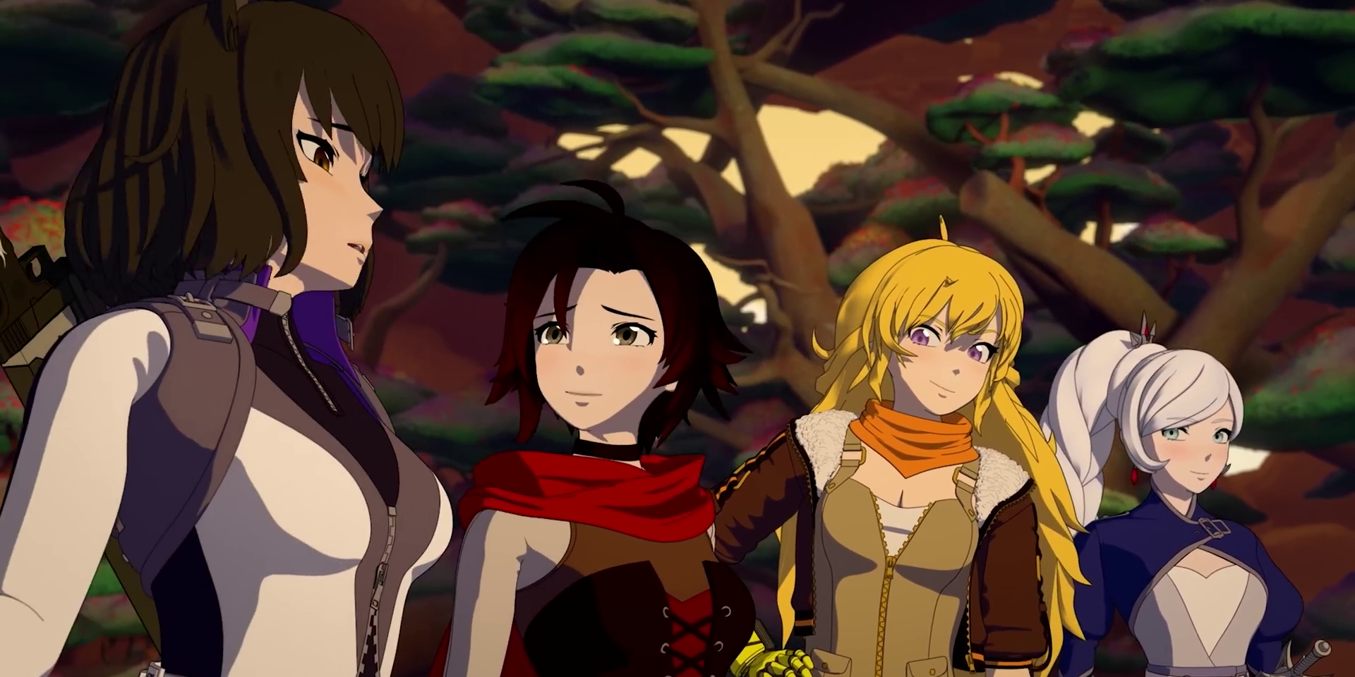 Left to Right: Blake, Ruby, Yang, and Weiss, standing in a row. Image taken from RWBY Volume 9