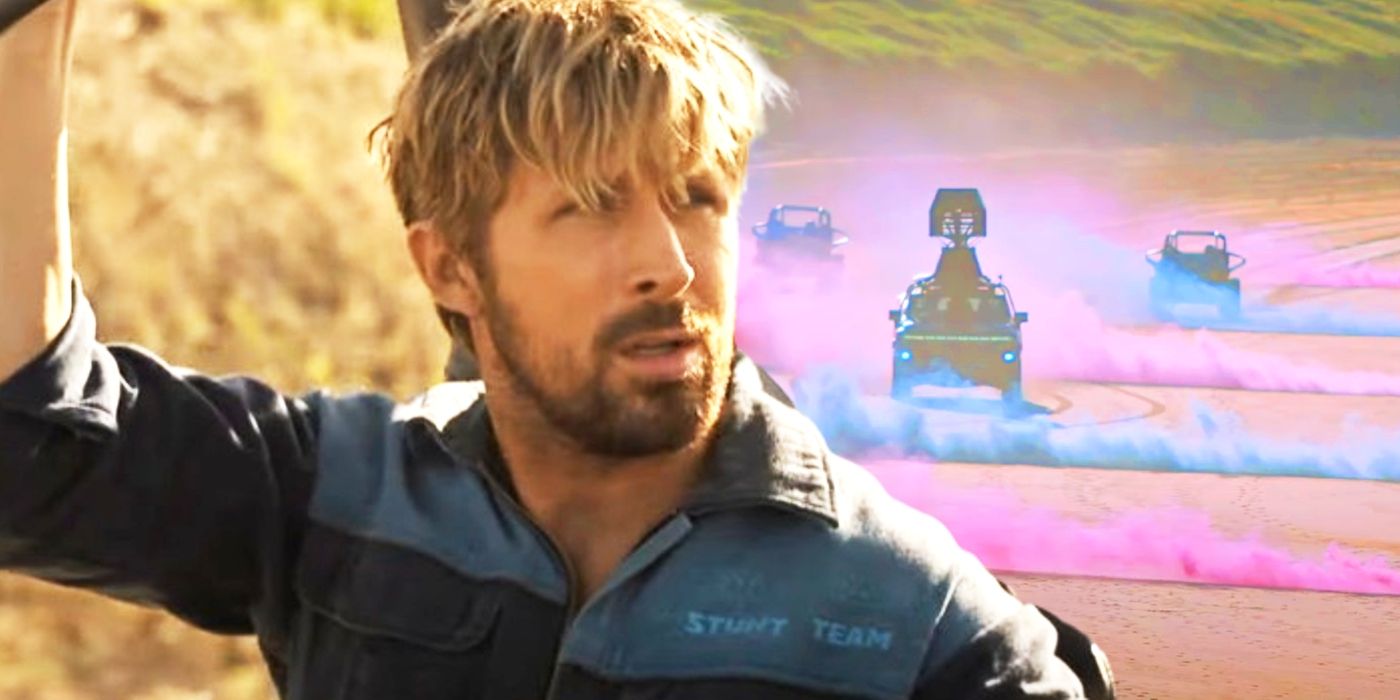 Ryan Gosling como Colt justaposto a carros acelerando ao longo de uma praia em meio a fumaça rosa e azul em The Fall Guy