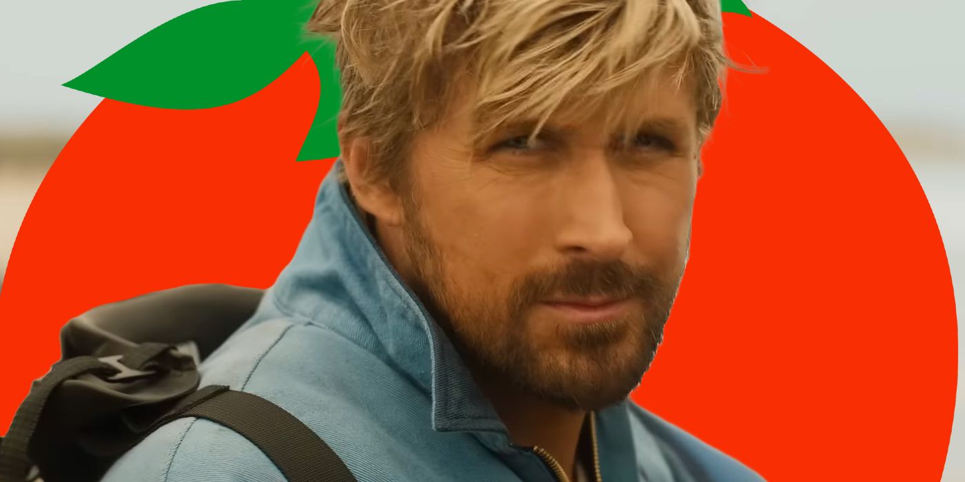 Ryan Gosling as Colt Seavers in The Fall Guy with a Rotten Tomatoes Logo Behind Him