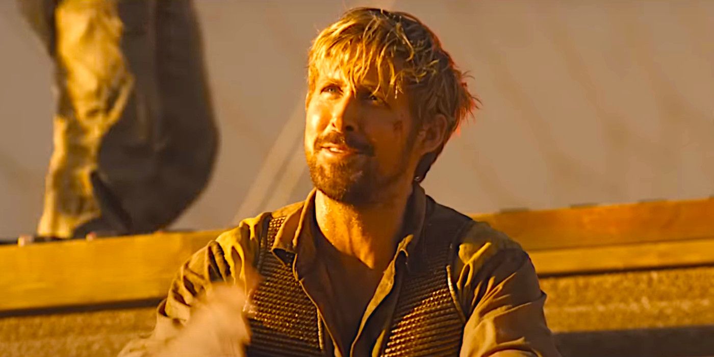 Ryan Gosling com cabelo bagunçado e rosto ensanguentado olhando para cima em uma cena de The Fall Guy