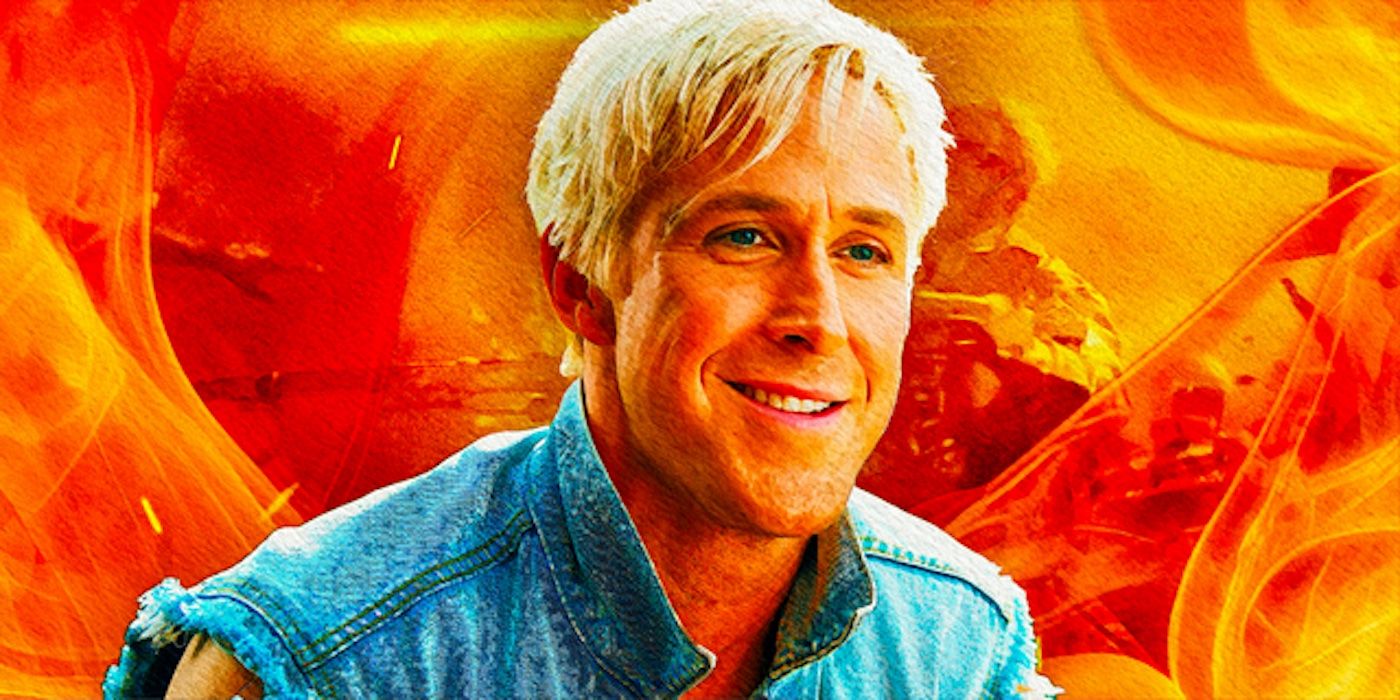 Ryan Gosling's Ken from Barbie smiling over a background from The Fall Guy 2024