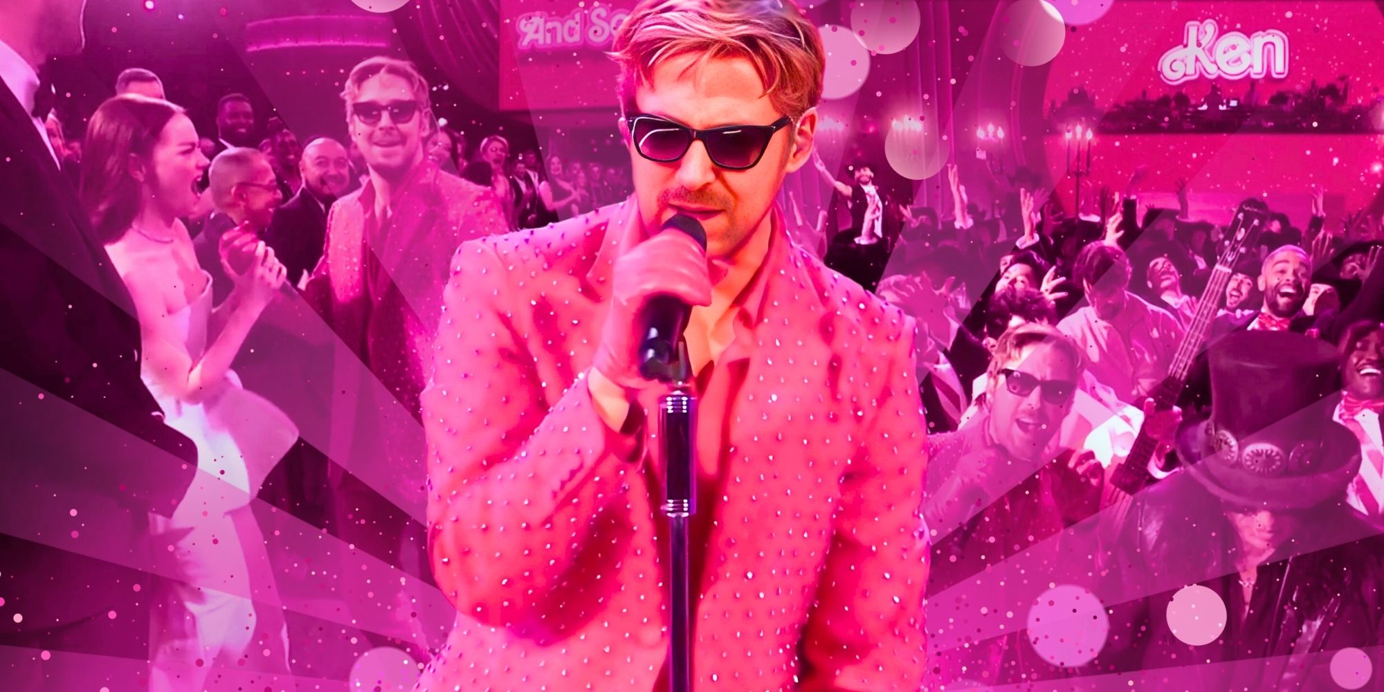 Ryan Gosling singing at the Oscars in a pink, sparkly suit and Oscars imagery behind him