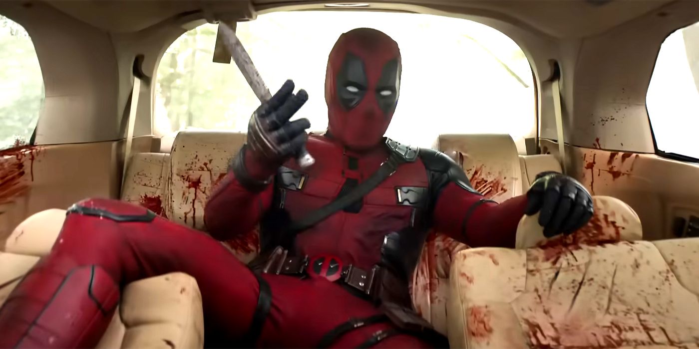 Ryan Reynolds as Deadpool sitting in a bloody car in Deadpool and Wolverine