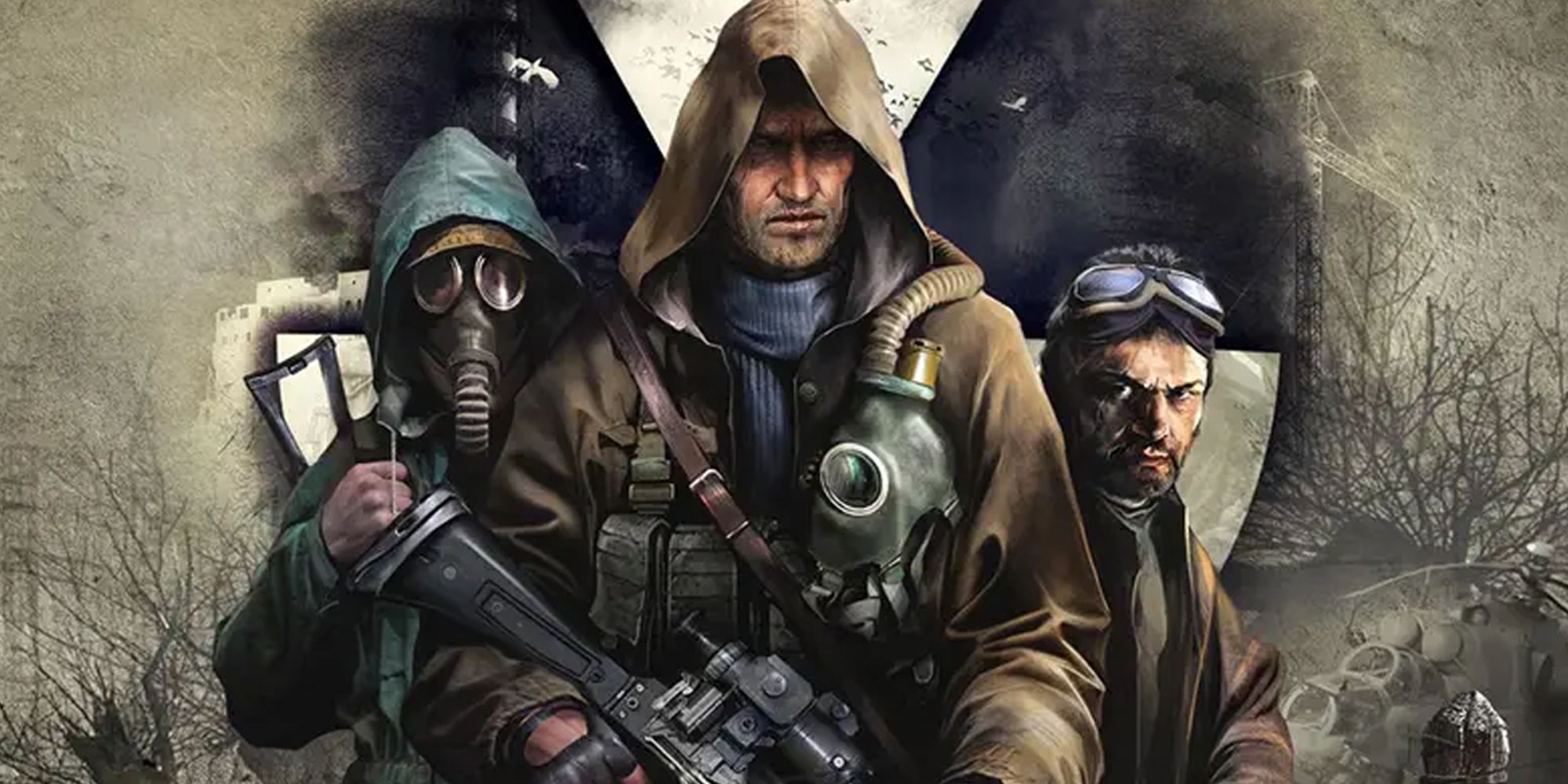 S.T.A.L.K.E.R Legends of the Zone Trilogy's key art featuring three of the main characters against a nuclear symbol
