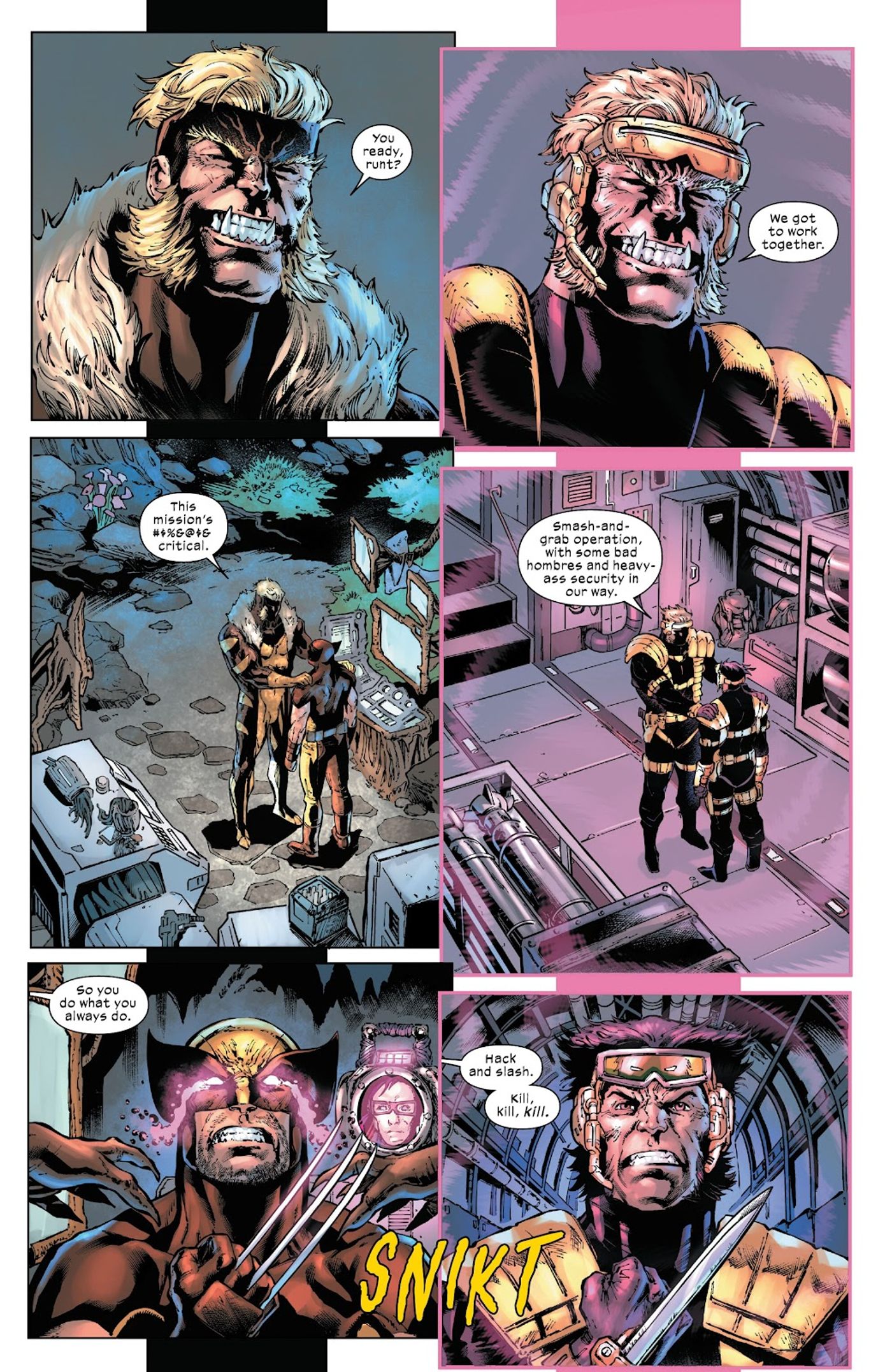 (Esquerda) Dentes de Sabre explica sua missão a um Wolverine compelido psiquicamente.  (Direita) Wolverine vê a ilusão do X-Team e recebe instruções.