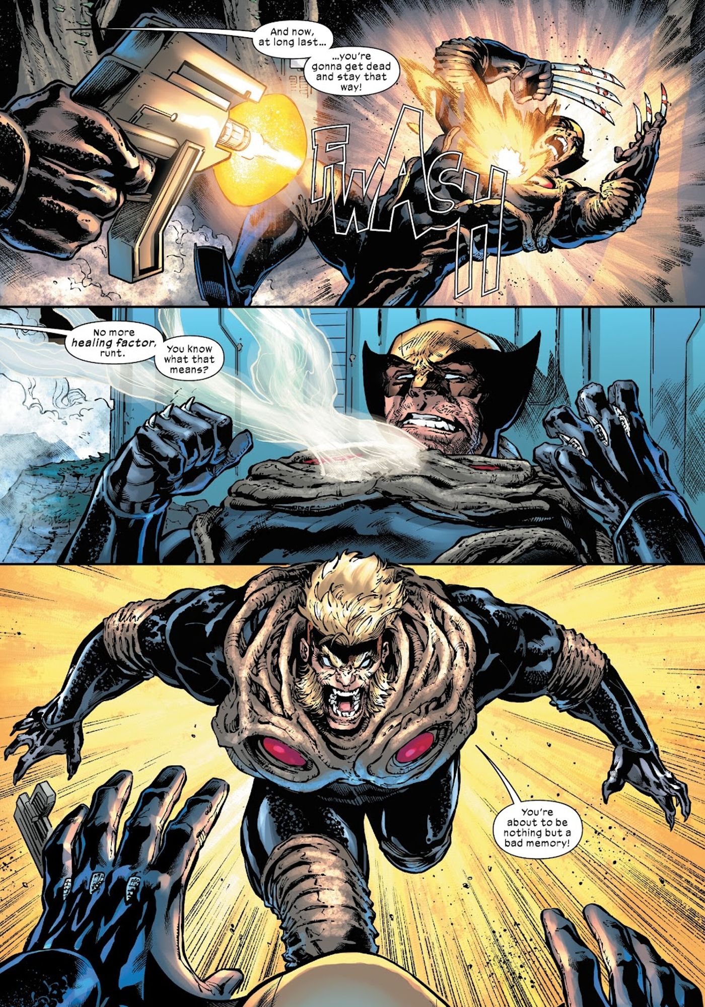 Sabretooth shoots Wolverine with Forge's depowering gun and runs to attack him. 