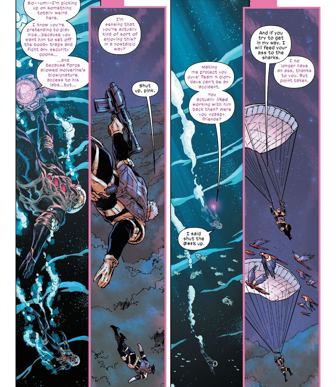 No fundo do oceano ao redor de Krakoa, Kid Omega pergunta a Dentes de Sabre se ele e Wolverine eram amigos.