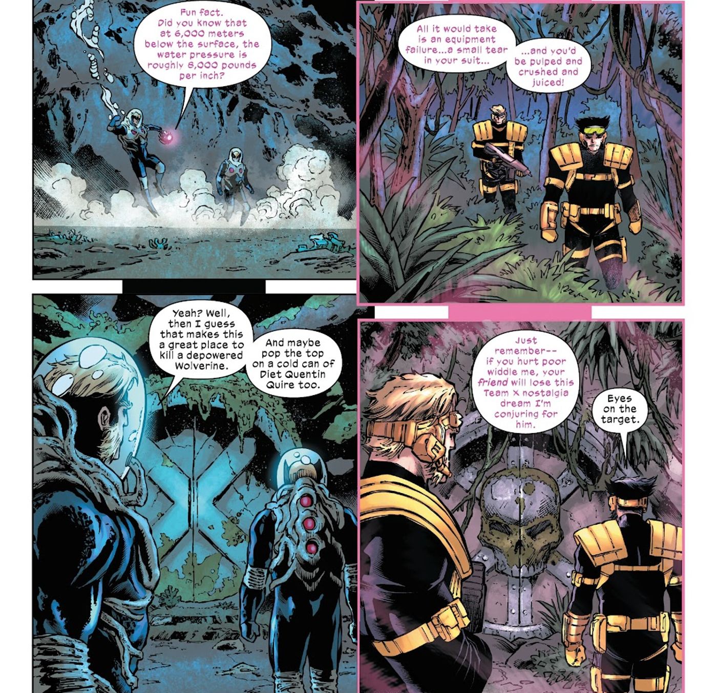 Sabretooth taunts Kid Omega about killing a depowered Wolverine. The image is split between reality (left) and the psychic X-Team illusion (right). 