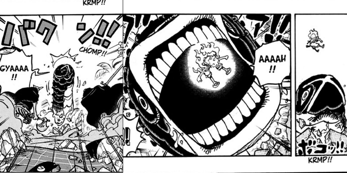 Saint Ju Peter em seu estado transformado em Egghead escavando para atacar Luffy em One Piece