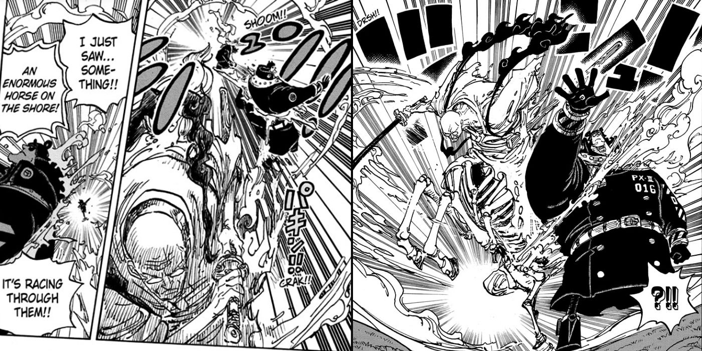 Saint Nusjuro atacando o pacifista em sua forma híbrida em One Piece