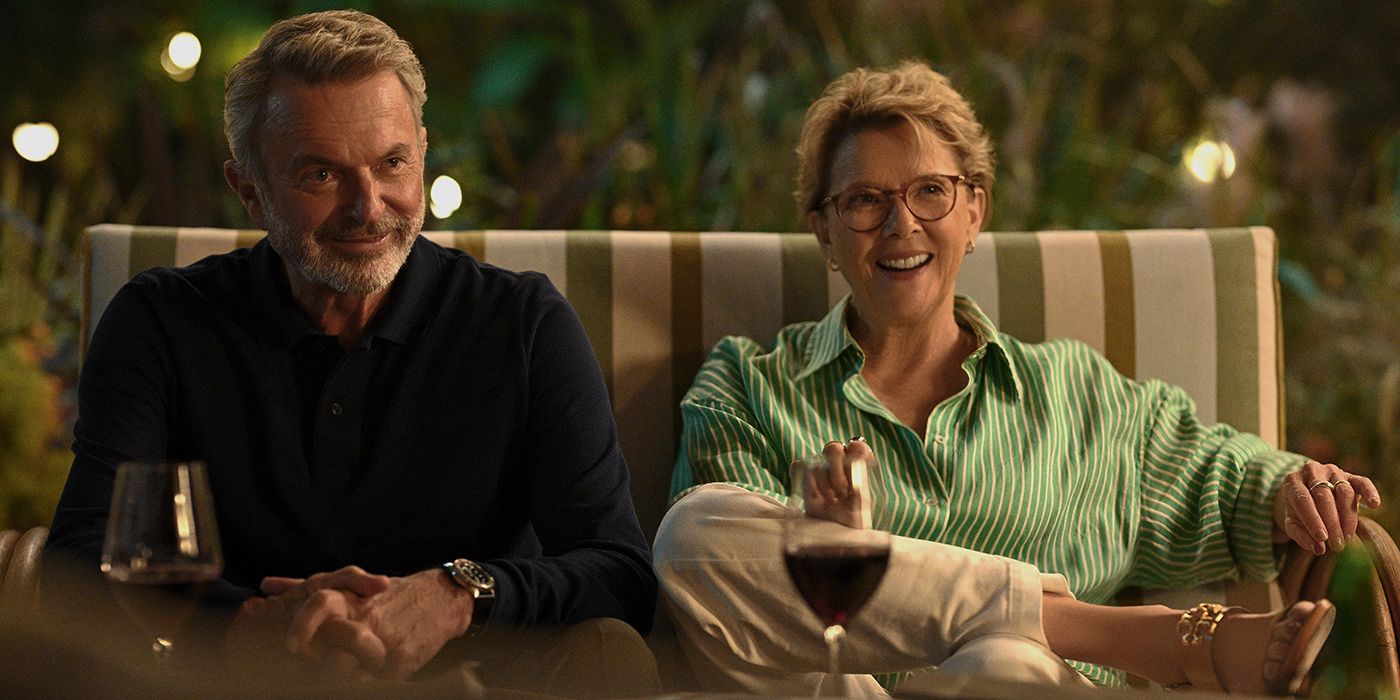 Sam Neill and Annette Bening smiling together in Apples Never Fall