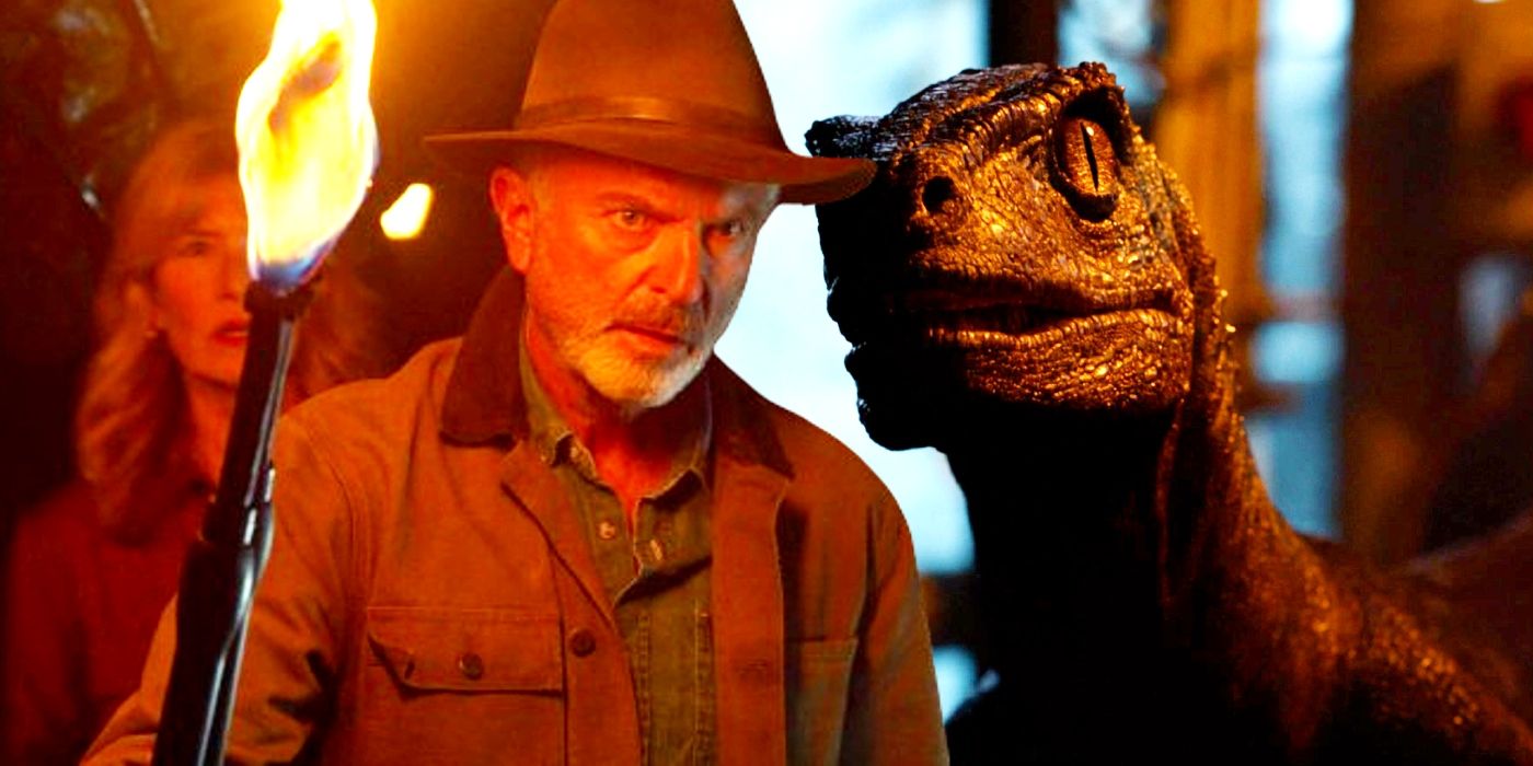 Sam Neill as Alan Grant juxtaposed with a raptor in Jurassic World Dominion