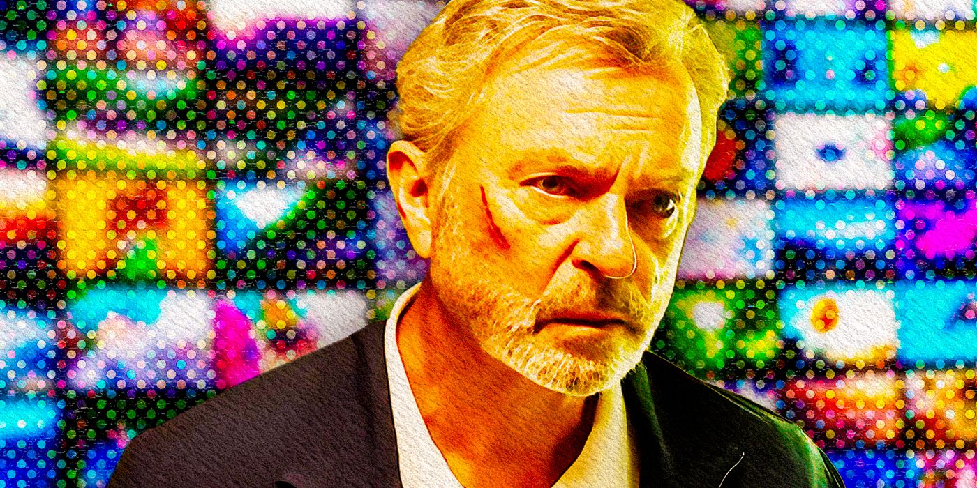 Sam Neill with a cut on his face in Apples Never Fall and screens as a background