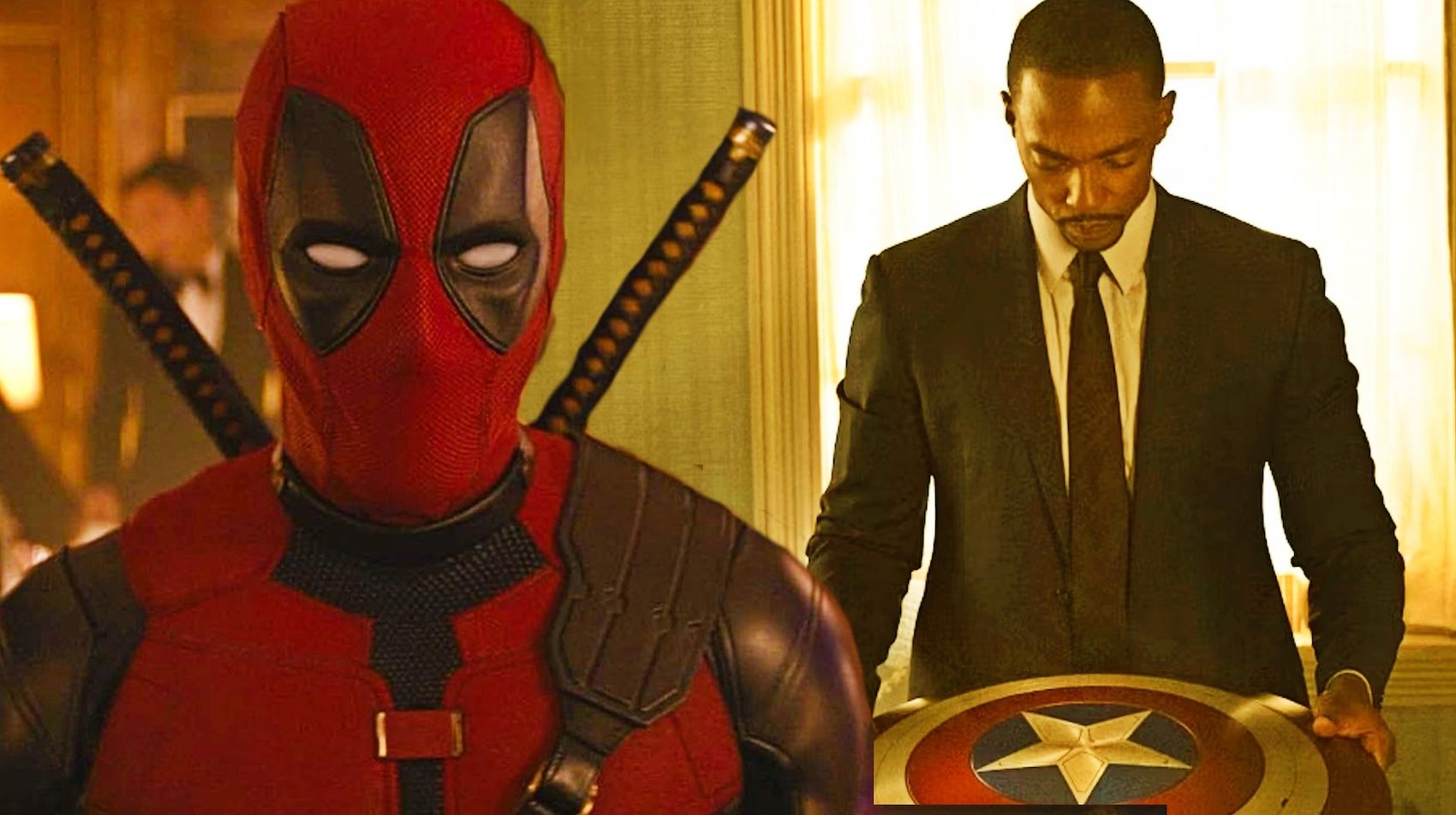 Deadpool in front of Poker game and Sam Wilson holding Captain America's shield
