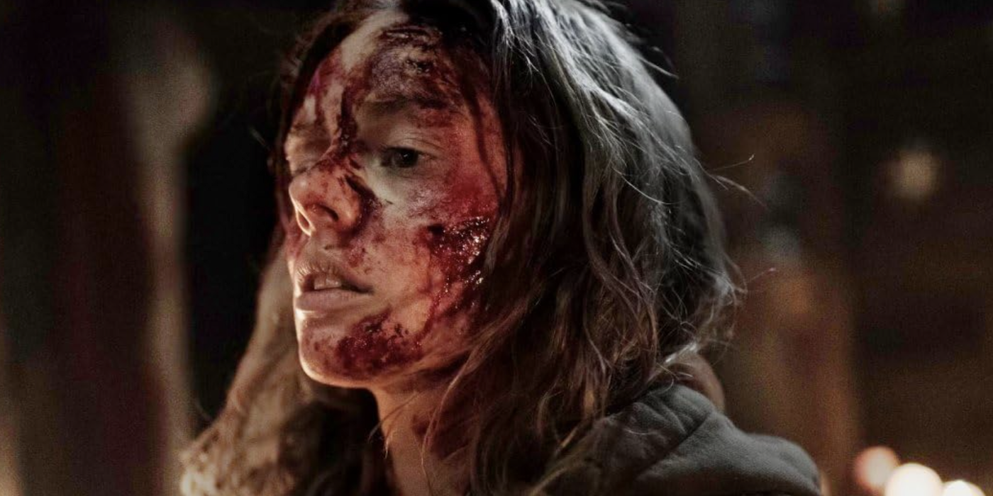 Samara Weaving with blood all over her face in Azrael movie still