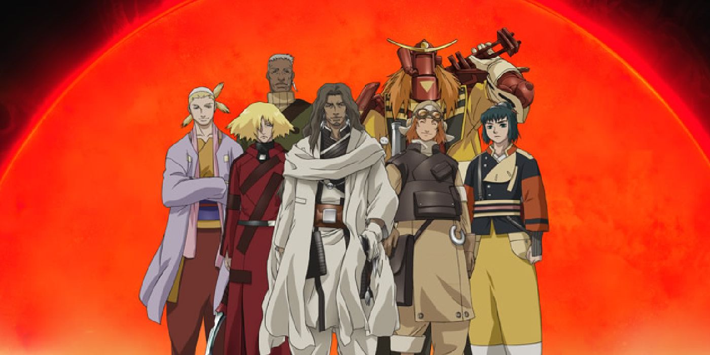 O elenco de Samurai 7 junto com um enorme sol vermelho atrás deles.
