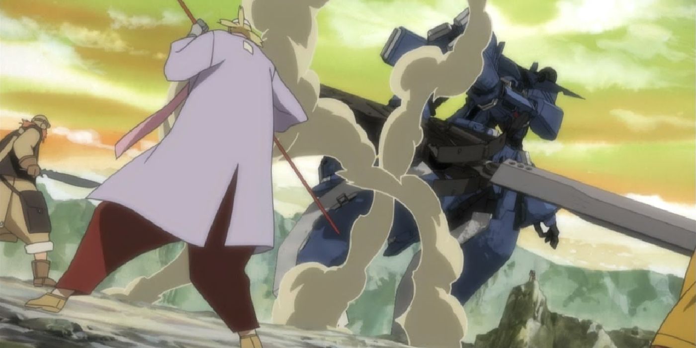 Os personagens de Samurai 7 lutam contra um mech com um céu verde atrás dele.