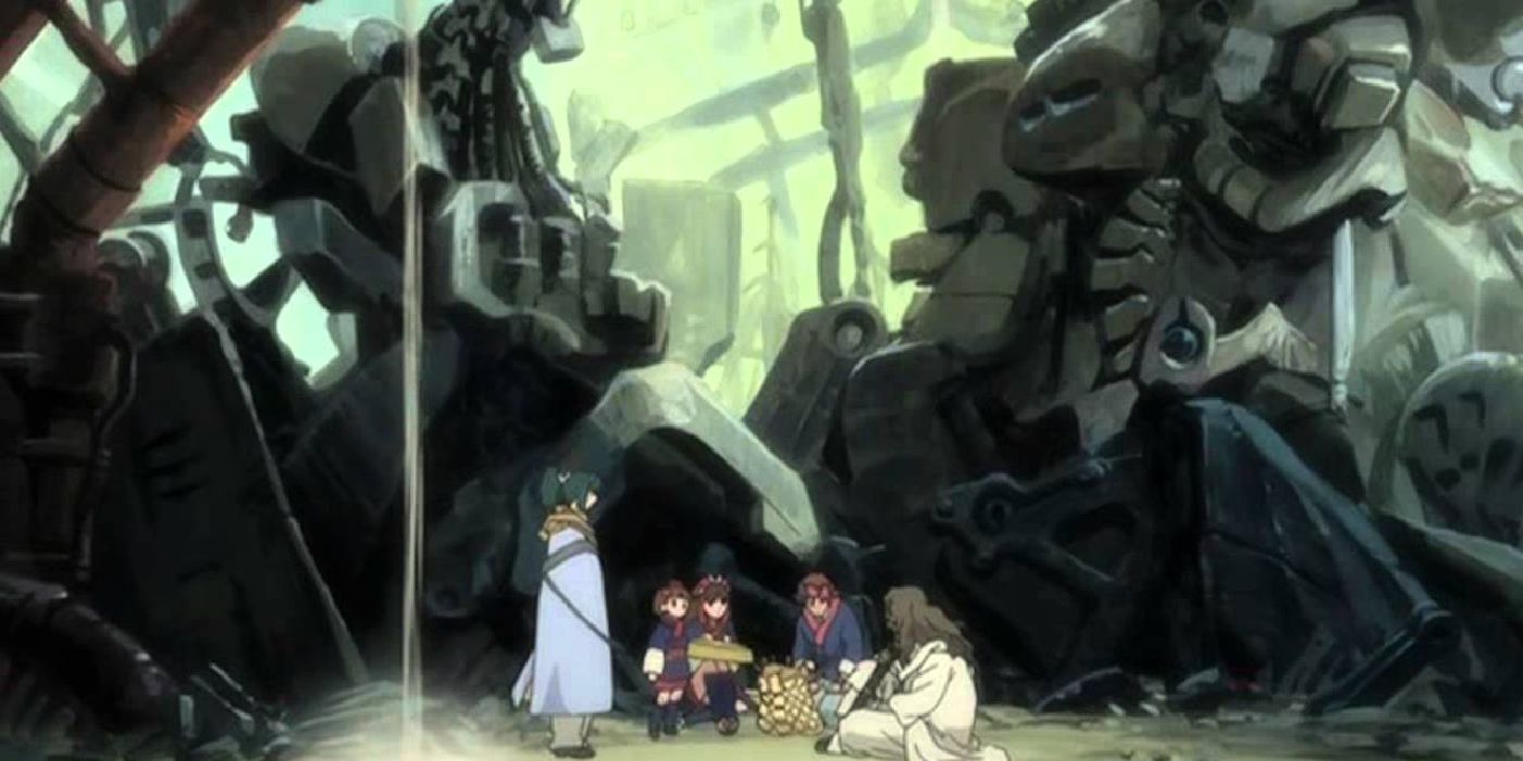 Personagens de Samurai 7 sentados juntos em ruínas antigas com estruturas mecânicas.