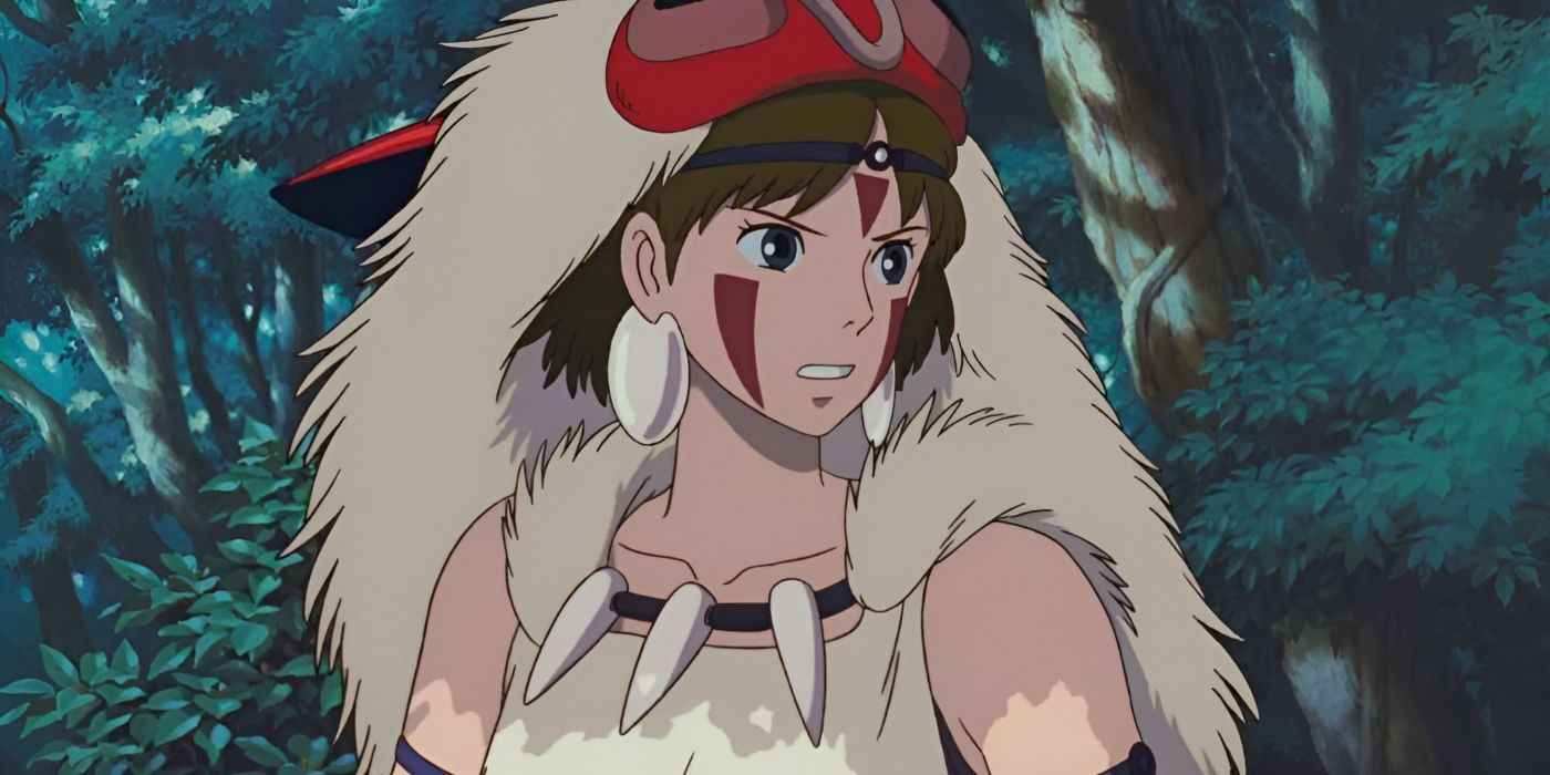 San stands with her mask off as she speaks to Ashitaka and Moro in the forest from Princess Mononoke.