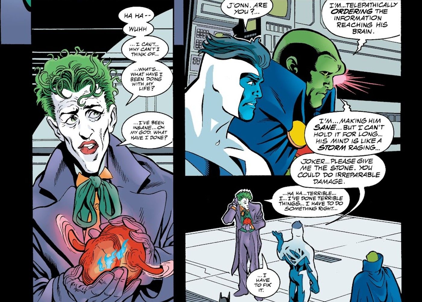 Painéis de quadrinhos: Martian Manhunter torna o Coringa são.