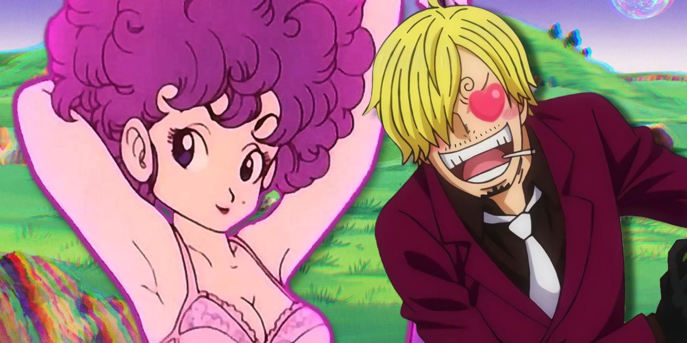 Sanji from one piece with heart eyes leaning into frame from the right with ranfan from dragon ball in her undergarments posing