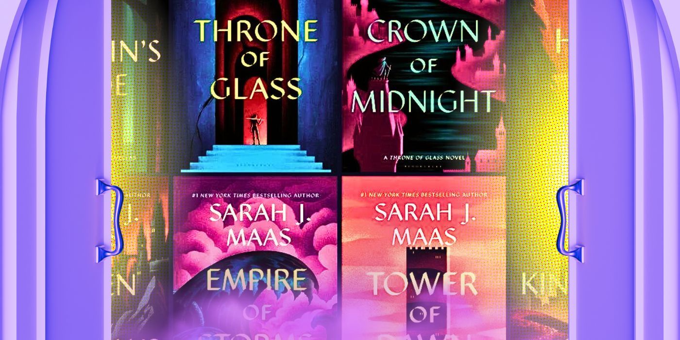 As capas dos livros Trono de Vidro de Sarah J. Maas com portas roxas em cada lado
