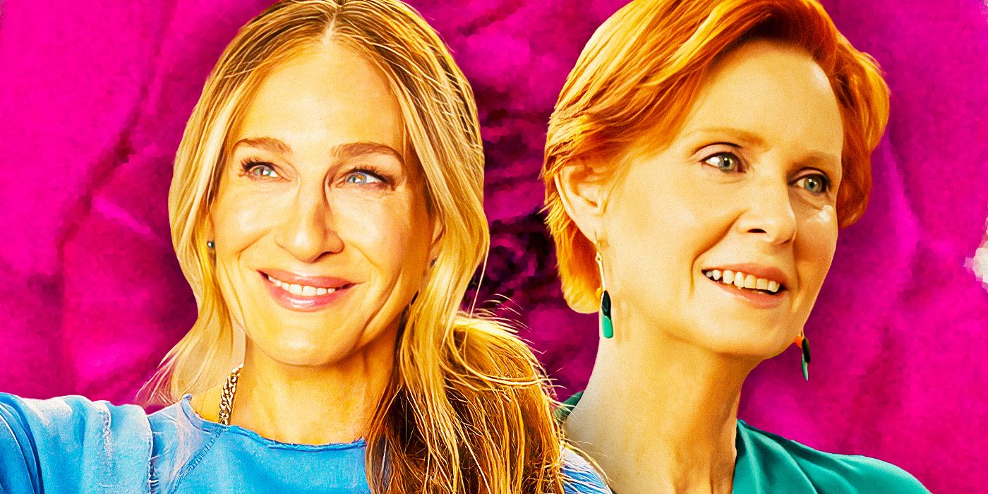 Sarah Jessica Parker as Carrie Bradshaw smiling with Cynthia Nixon as Miranda Hobbes looking concerned in And Just Like That...