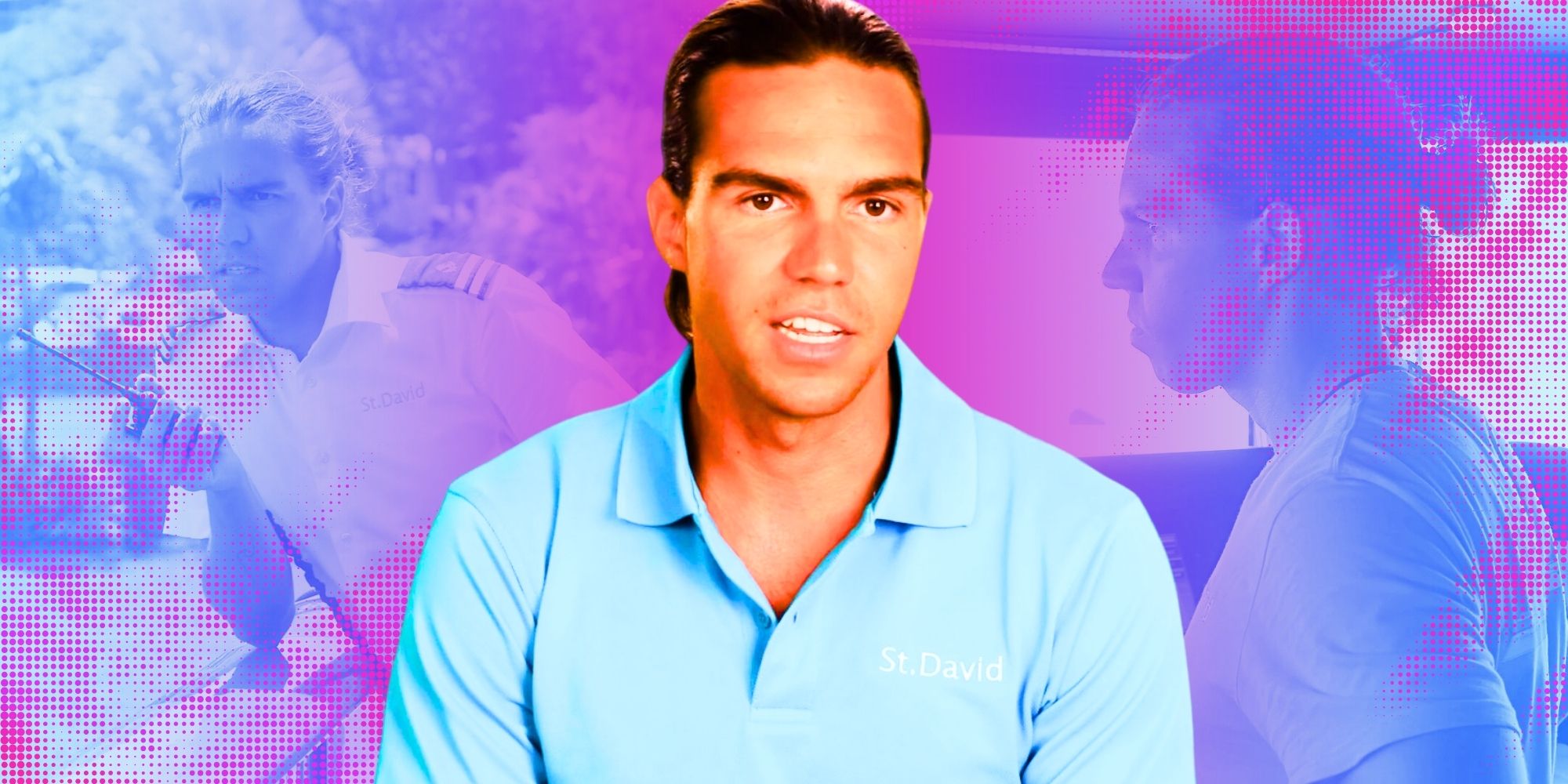 Below Deck Season 11's Ben Willoughby in a teal polo with montage in background pink and purple filters