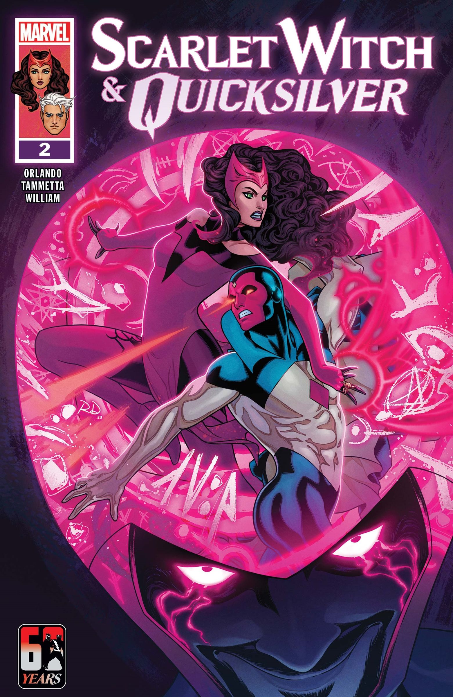 The Vision and Scarlet Witch are pictured imposed onto the Wizard's glowing pink helmet. 