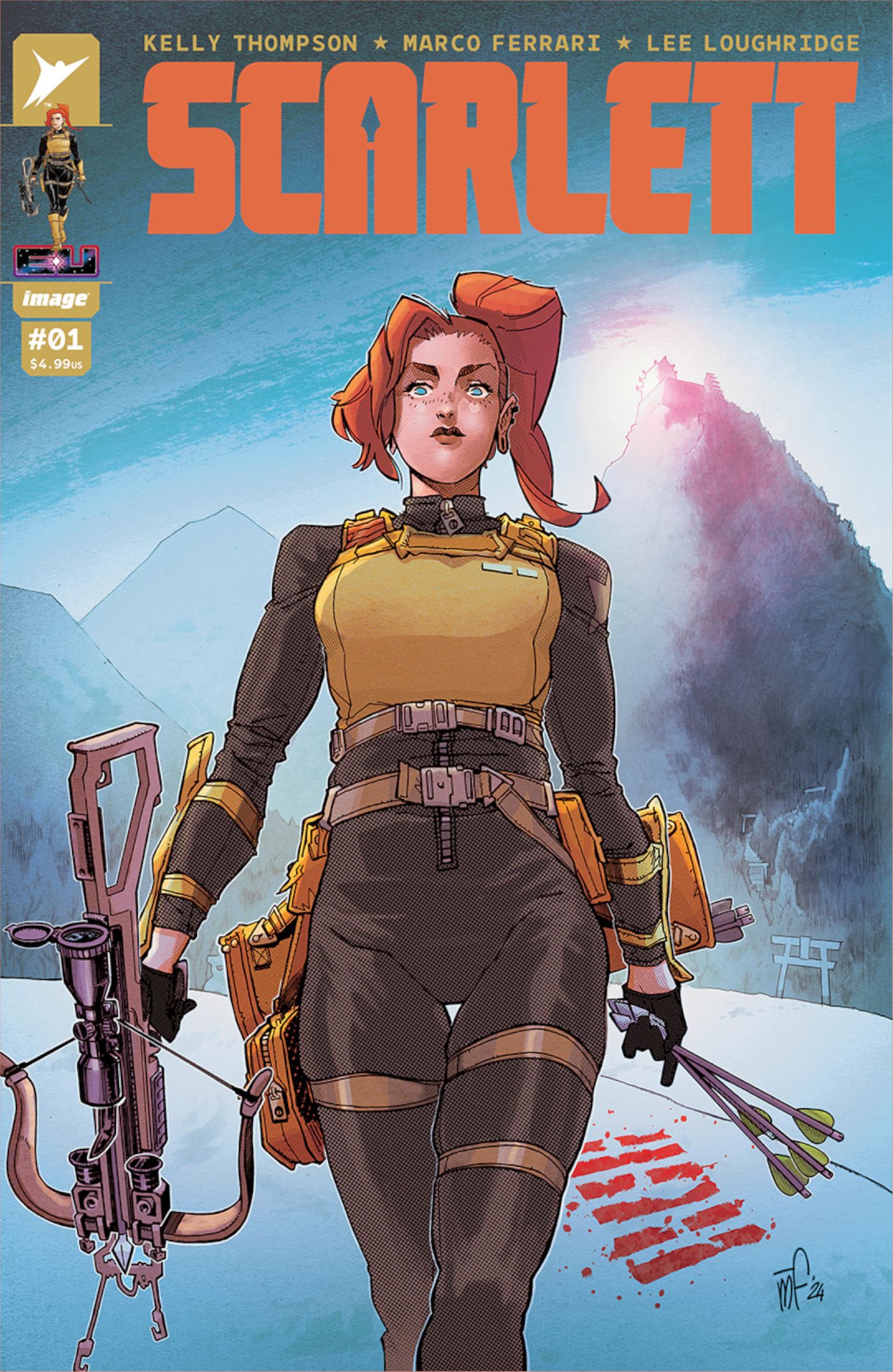 Scarlett #1 cover, Scarlett striding confidently forward, wielding a crossbow and a handful of arrows.