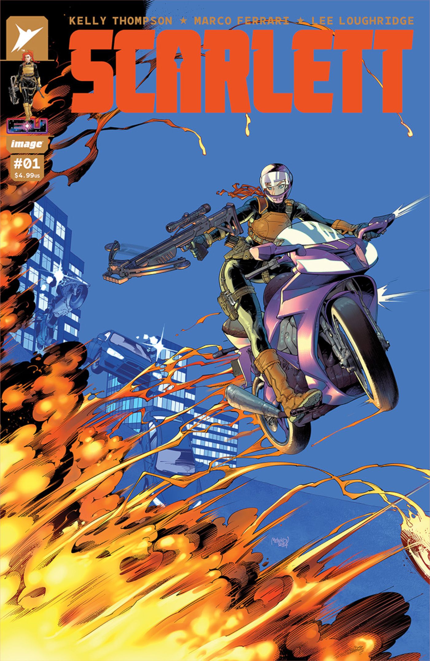 Scarlett #1 cover, Scarlett jumping a motorcycle out of a fiery explosion, pointing her gun in the fire's direction.