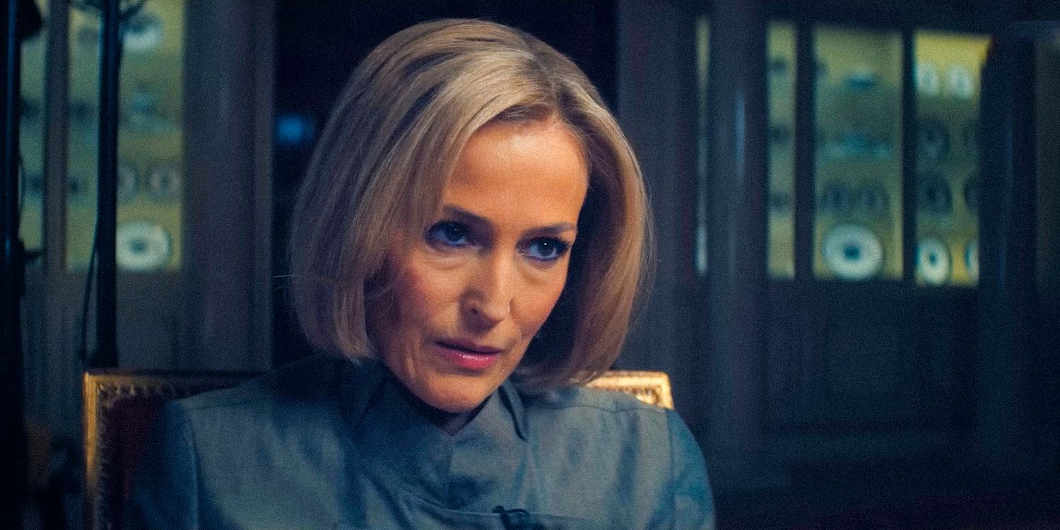 Gillian Anderson as Emily Maitlis making a defiant look from scoop