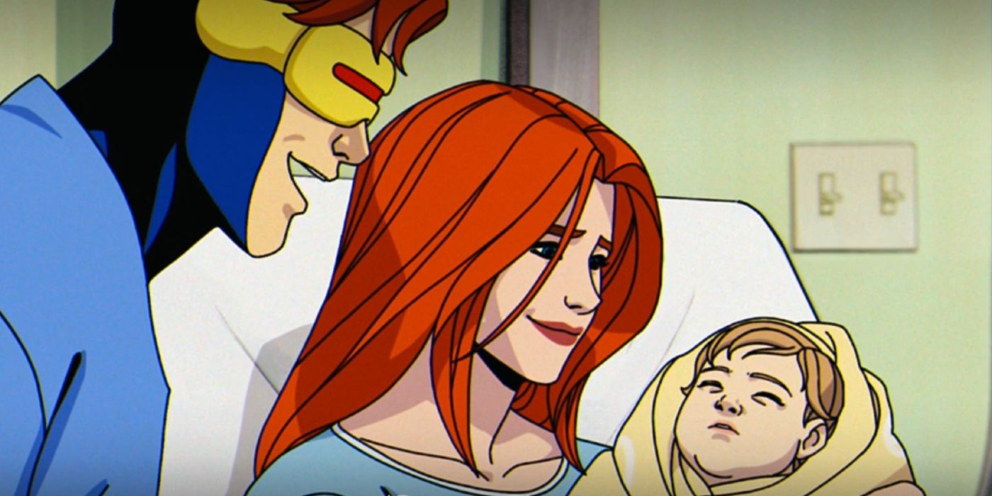 Scott/Ciclope olhando para Jean e o recém-nascido Nathan em X-Men '97