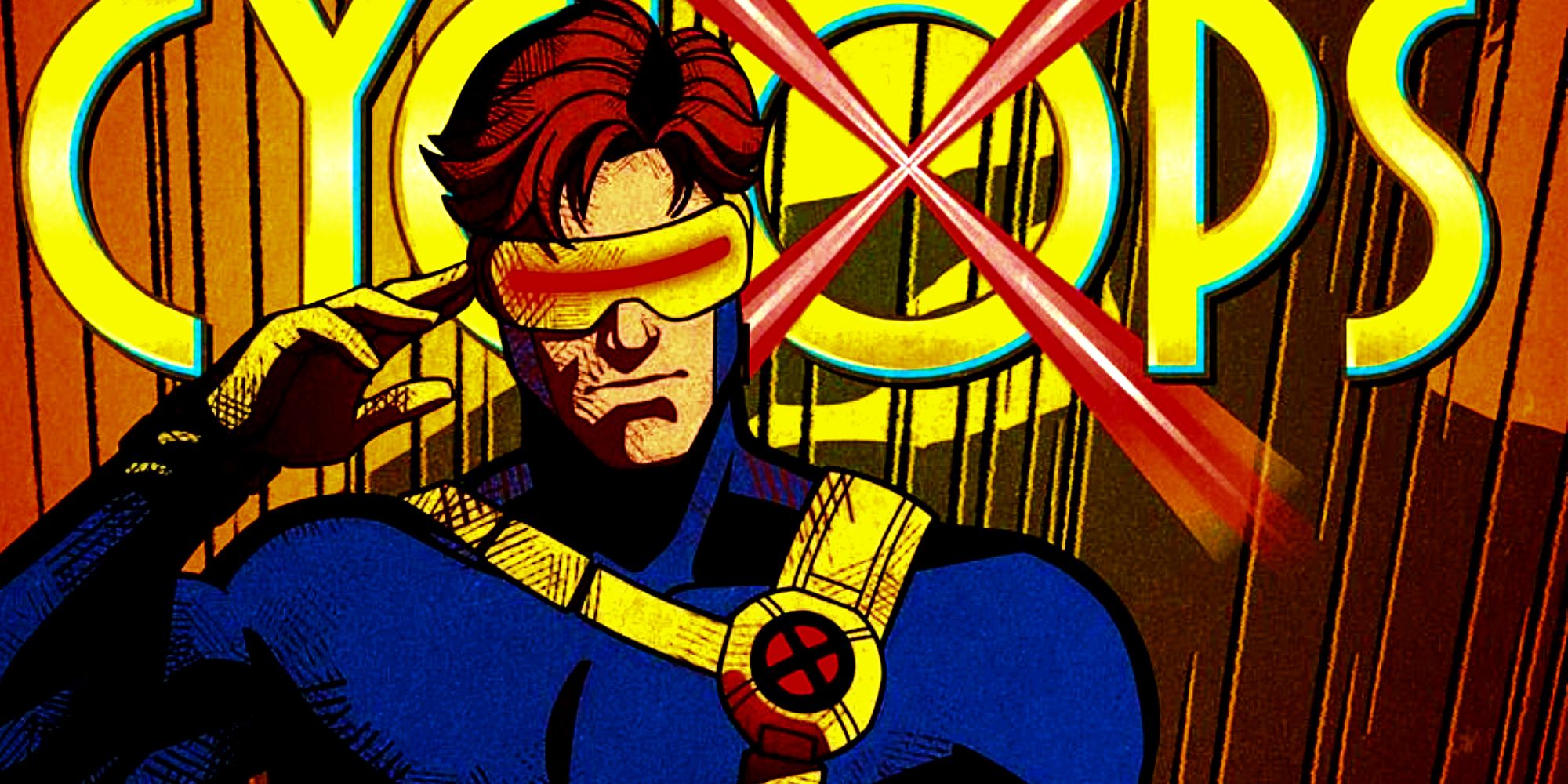 Cyclops reaches up to touch his ruby quartz visor. The word 'Cyclops' is written in yellow writing in the background. 