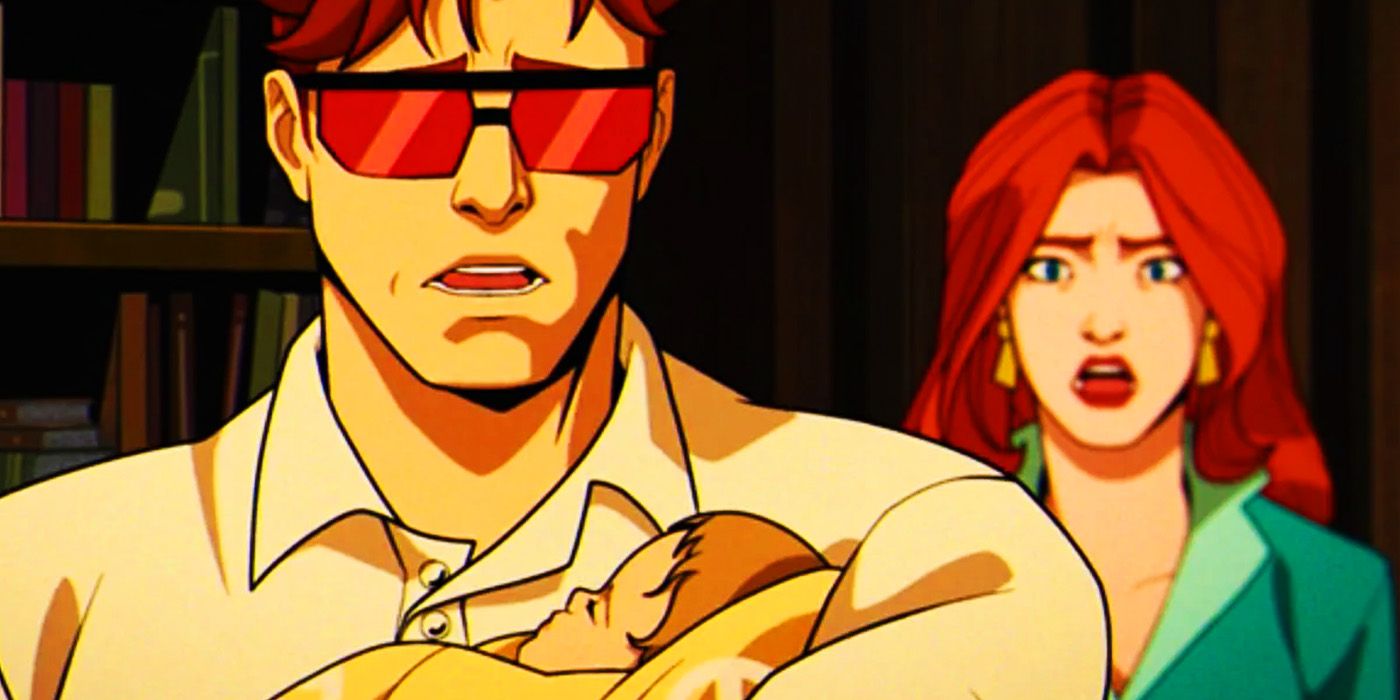 Scott Summers and Jean Grey looking shocked with Nathan Summers in X-Men '97 episode 2