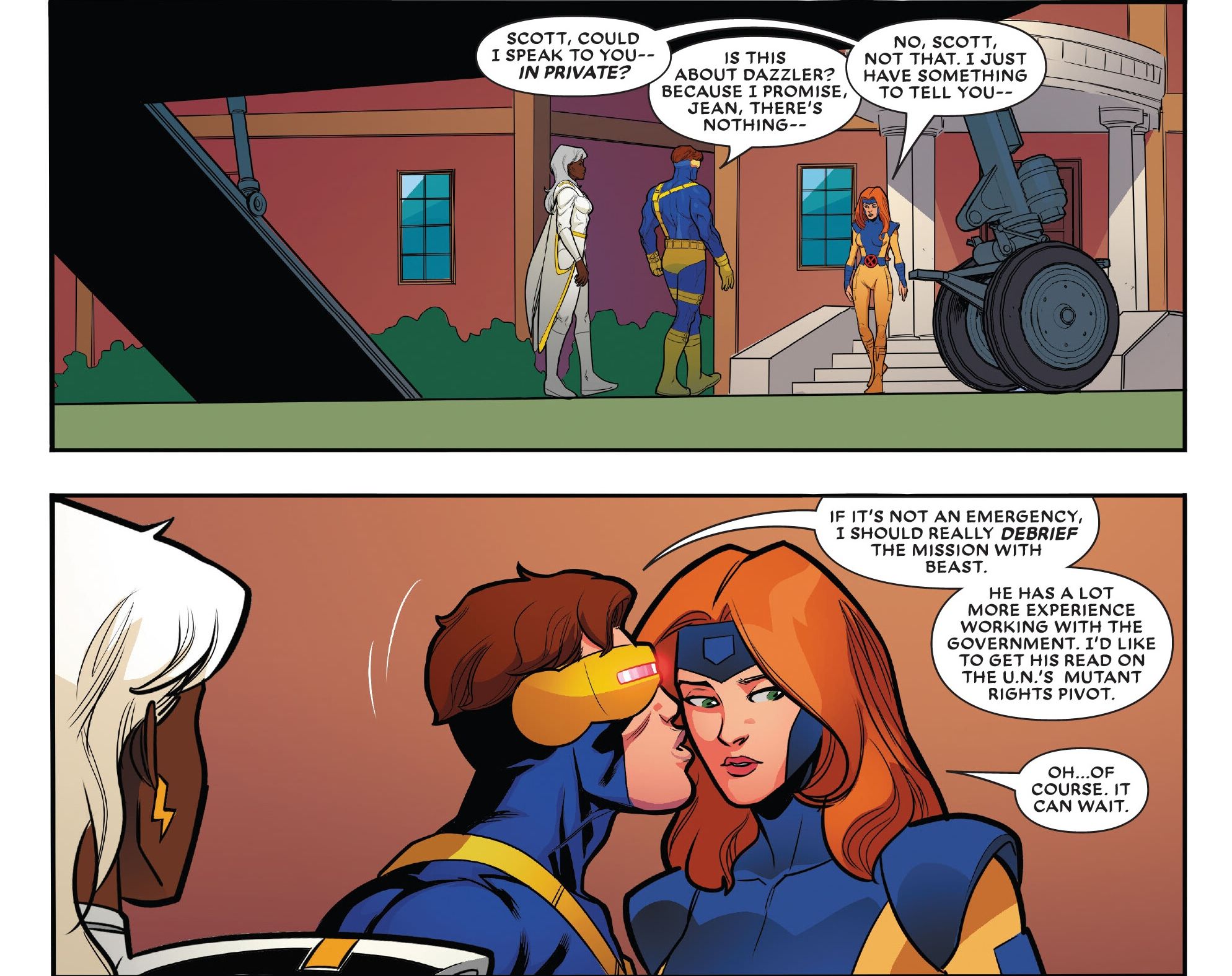 Cyclops kisses Jean Grey's cheek as he tells her their talk should wait until he finishes with the X-Men. 