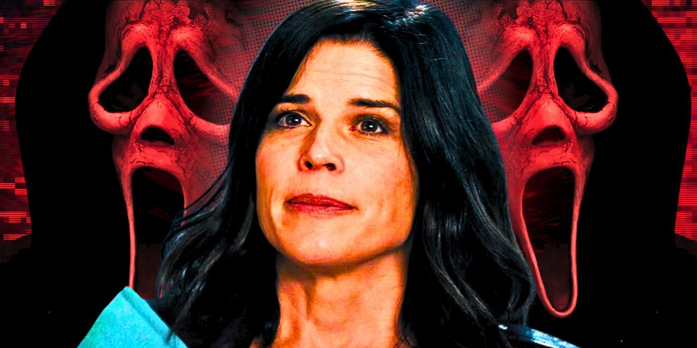 Scream 2023 Neve Campbell in front of Ghostface