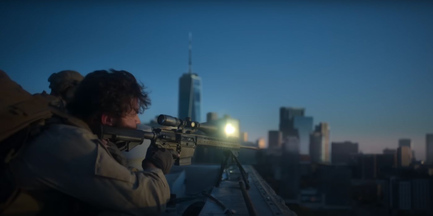 An unnamed sniper aims his rifle in Civil War (2024)