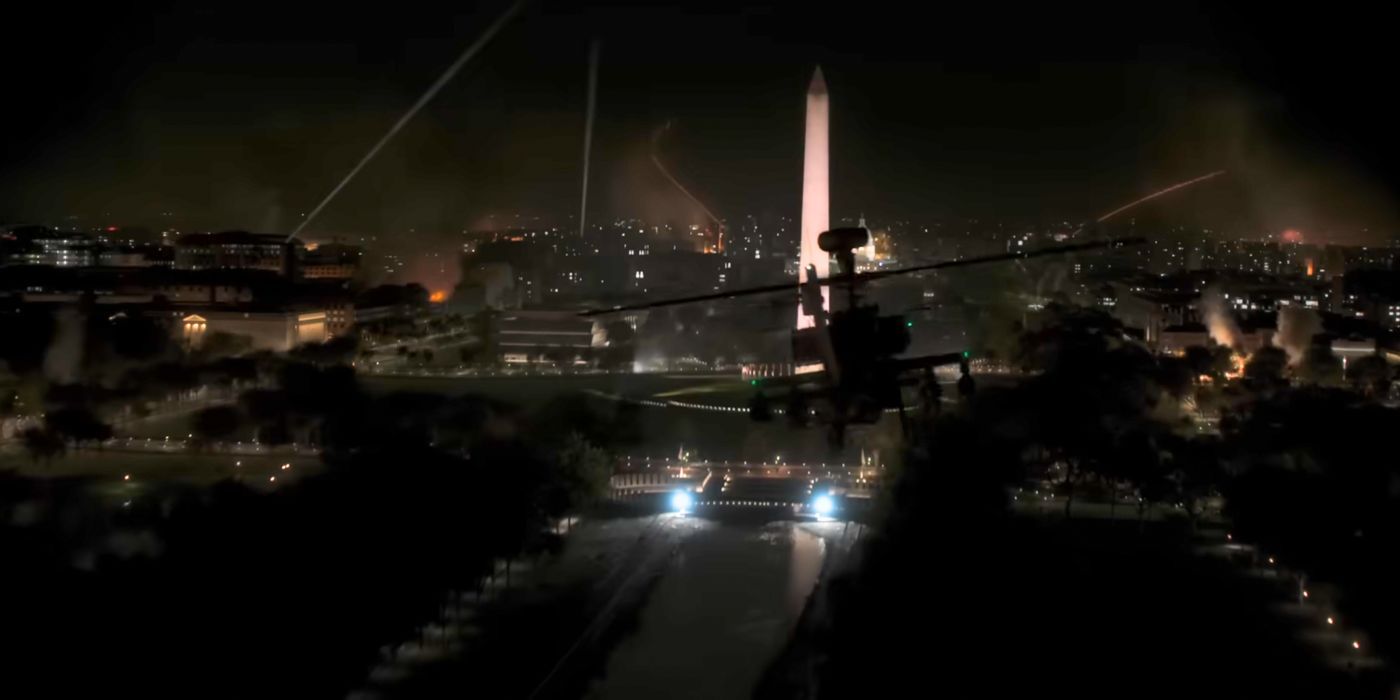 A war-torn Washington, D.C. viewed from above in Civil War (2024)