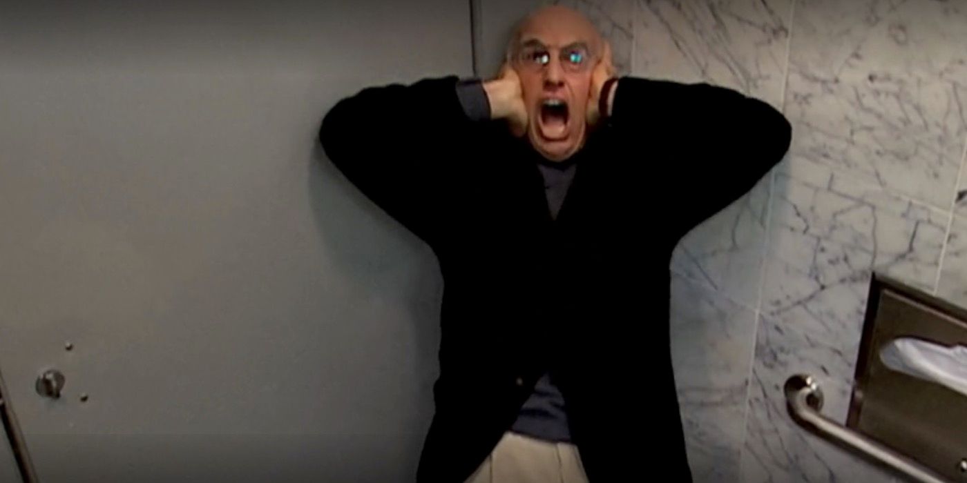 Larry gritando em um banheiro em Curb Your Enthusiasm.