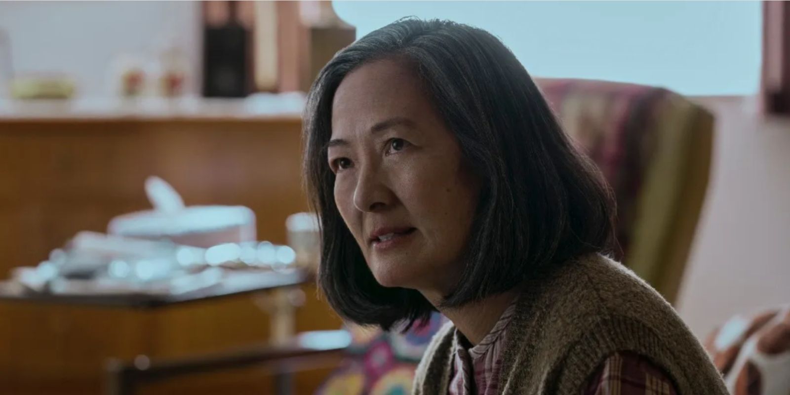 Rosalind Chao as Ye Wenjie looks concerned in 3 Body Problem 
