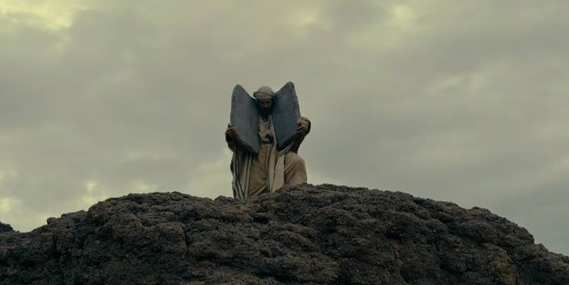 Moses holding the Ten Commandments in Testament the Story of Moses.
